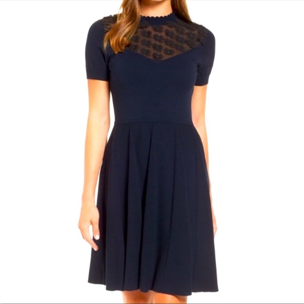 Draper James Navy Fit-and-Flare Dress with Lace Yoke